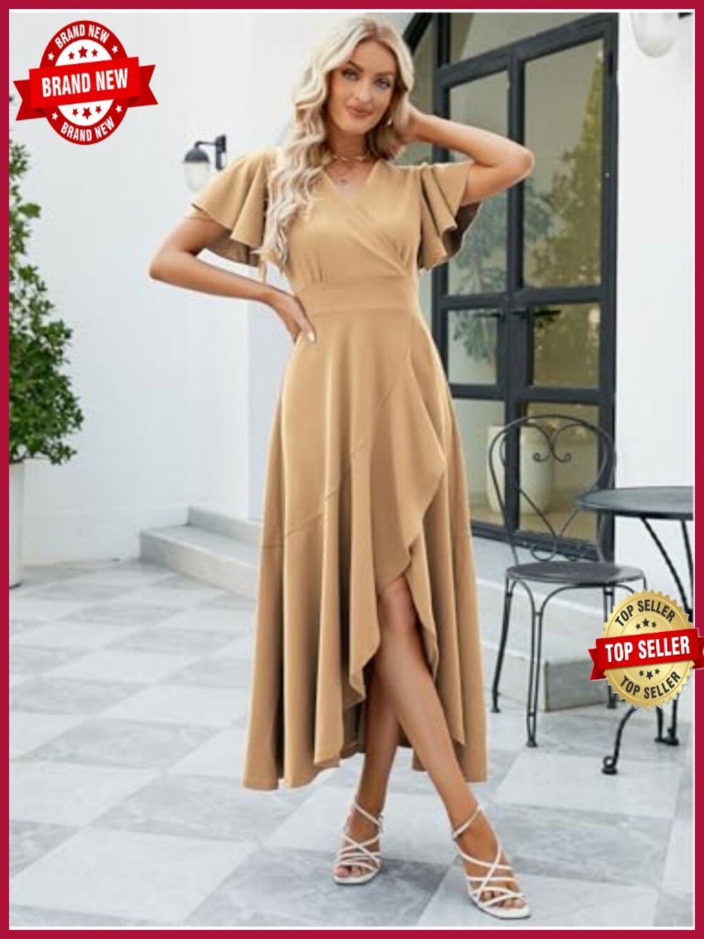Elegant V-Neck Wrap Ruffle Split Formal Dress - Picture 3 of 6